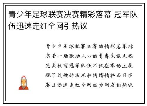 青少年足球联赛决赛精彩落幕 冠军队伍迅速走红全网引热议
